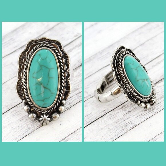 Ring. Southwestern-Style. Burnished Silver. Turquoise Stone. One Size Fits Most. - Picture 2 of 5